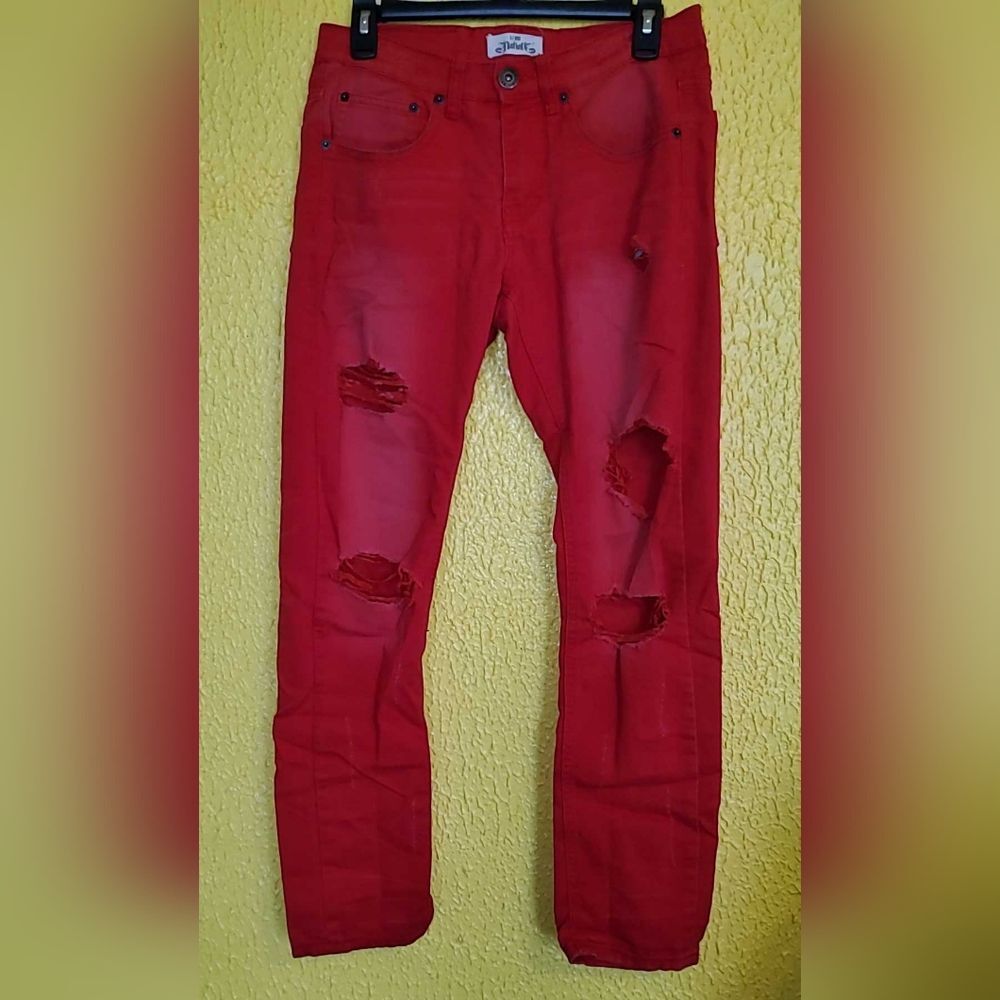 Men's Vibrant Red Skinny Jeans with Distressing